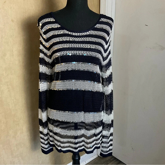 Chicos Navy and White Sweater with Silver Sequins Size 3 - Picture 10 of 13